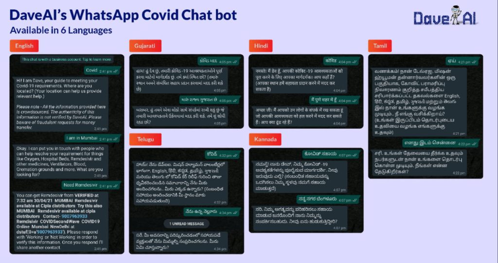 daveai's whatsapp covid  chat bot in 6 languages